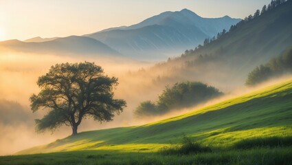 Obraz premium Stunning scenery - outline of a tree on a vibrant green hillside in soft focus under bright golden morning light, with distant mountain ranges shrouded in a pastel mist during early summer. Incredi...