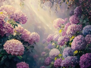 Sunlit Hydrangea Garden, Peaceful Spring Blossoms, Floral Wallpaper
