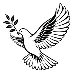 Obraz premium A black and white illustration of a dove in flight holding an olive branch in its beak, symbolizing peace and harmony. The detailed line work highlights the bird's feathers and graceful movement.