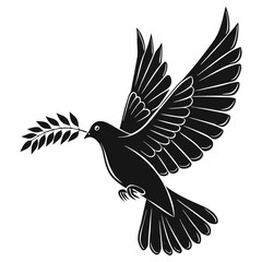 Elegant black and white graphic of a dove with an olive branch. Represents peace and hope for diverse uses.