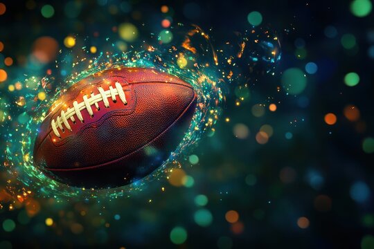 Glowing football, night game, splash, bokeh, sports banner