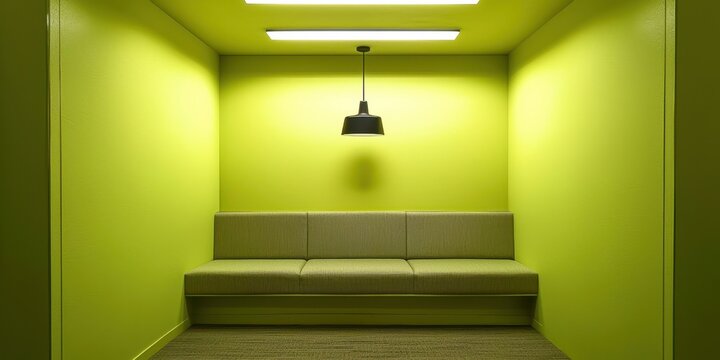Green room with a couch and a light hanging from the ceiling