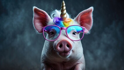 Adorable pig donning a unicorn mask complete with horn, mane, and colorful glasses. Features the quote "I am so amazing." Suitable for T-shirt designs, greeting cards, and hand-drawn art. Presented...
