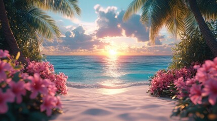 Tropical Beach Sunset with Palm Trees and Flowers in Paradise