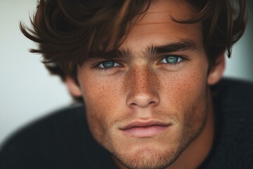 Obraz premium A close-up portrait of a man with freckles and intense blue eyes