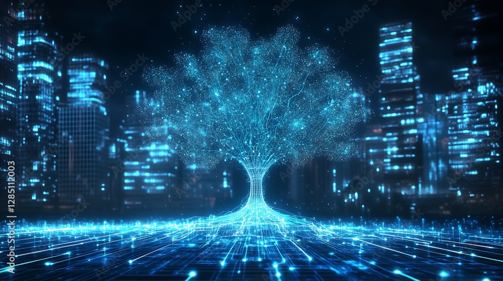 Poster futuristic digital tree glowing in a vibrant city setting, showcasing advanced technology and nature