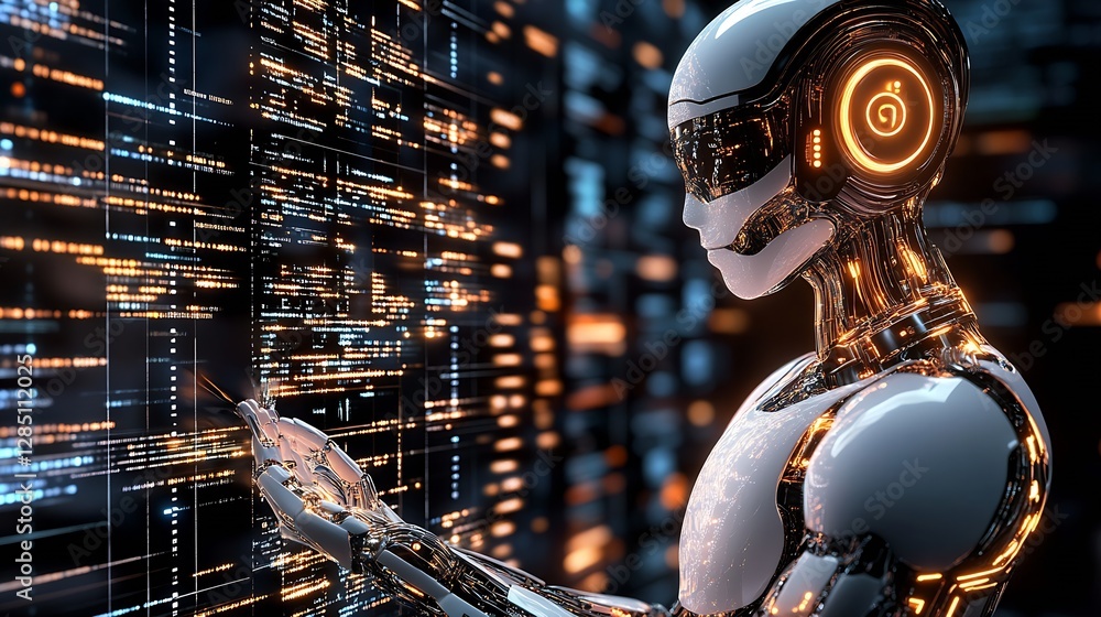 Leinwandbilder futuristic humanoid robot holding digital interface surrounded by glowing data streams in a high-tec
