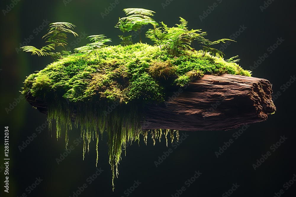 Poster lush green moss-covered log with vibrant small plants displayed in a mystical forest setting : gener