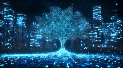Futuristic digital tree glowing in a vibrant city setting, showcasing advanced technology and nature merging : Generative AI