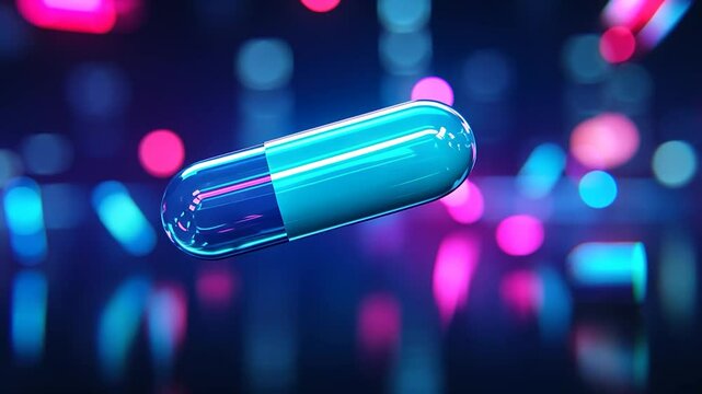 Futuristic medicine capsule in vibrant neon city lights