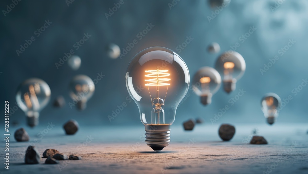 Poster conceptual design featuring a floating light bulb. rendered image.