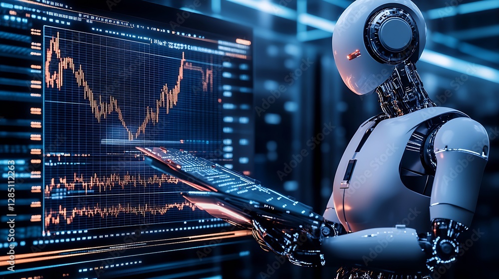 Aufkleber Advanced robot analyzing financial market data on a modern digital display screen : Generative AI
