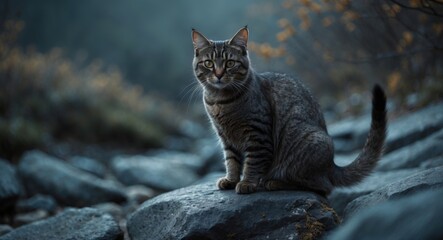 feline perched on rocks gazing at the camera
