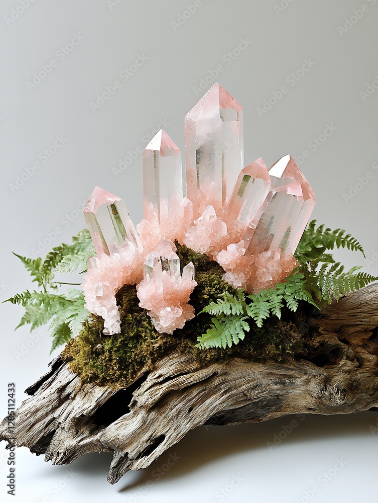 Leinwandbilder beautiful cluster of pink quartz crystals adorned with green ferns and natural wood creating a stunn
