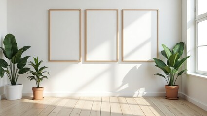 Fototapeta premium Contemporary room featuring empty wooden frames and potted greenery