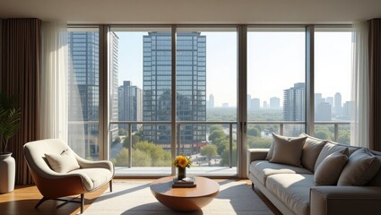 Fototapeta premium Modern Canadian-style luxury apartment with stylish furnishing and stunning views from the building.