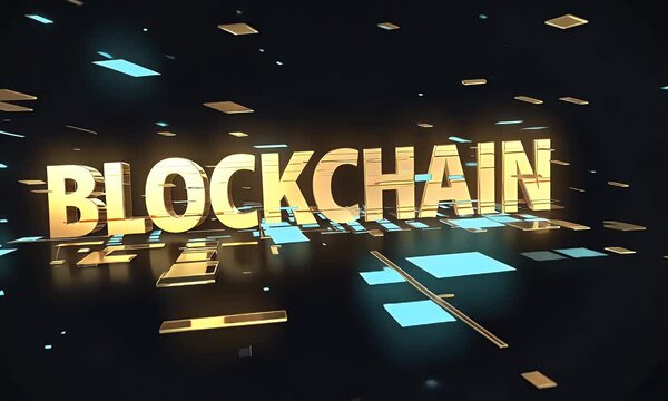 Gold "BLOCKCHAIN" text floating above digital network of glowing blue and gold fragments.