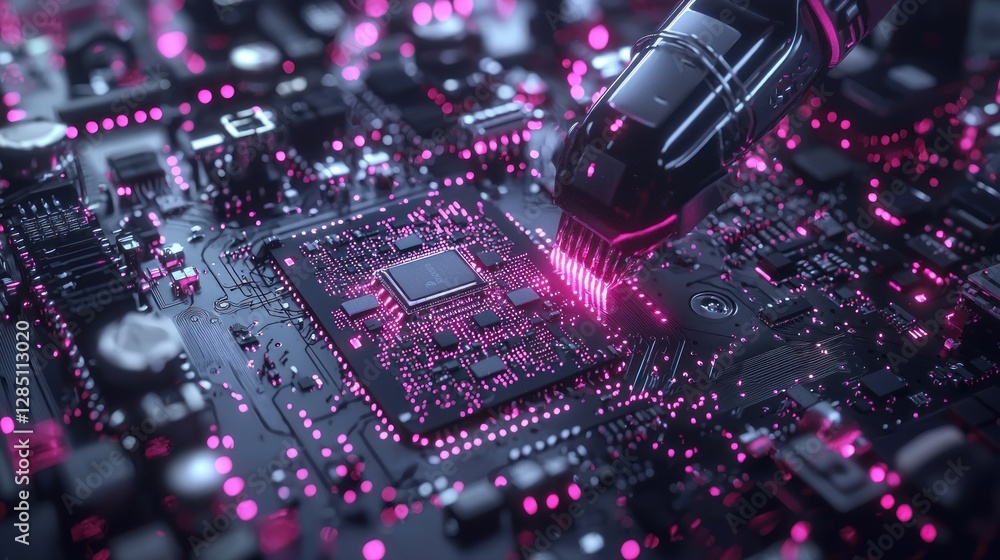 Poster cyberpunk circuitry: high-tech microchip installation
