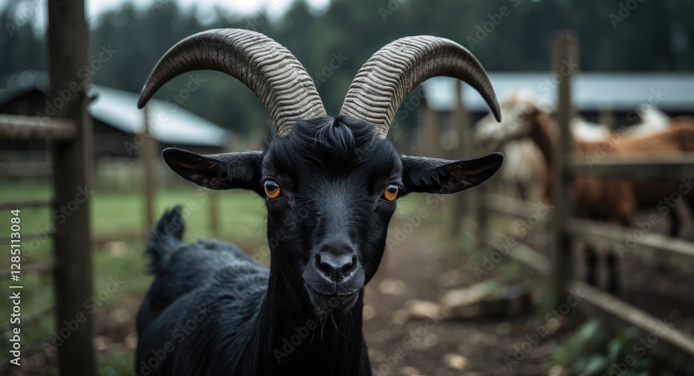 Canvas Prints a dark goat with curved horns on a farmstead