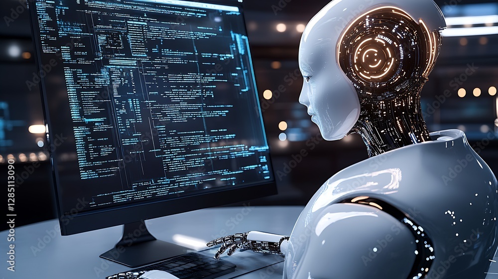 Poster Futuristic humanoid robot engaging in advanced programming on a sleek computer displaying complex coding : Generative AI