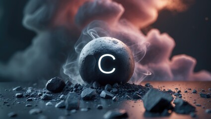 Carbon (C) elemental representation, organic material - utilized in the chemical sector and as an energy resource - includes fossil fuels, coal, and natural gas. Educational promotional render of t...