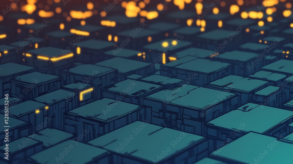 Poster abstract digital landscape with illuminated blocks in a grid pattern, evoking a futuristic feel.