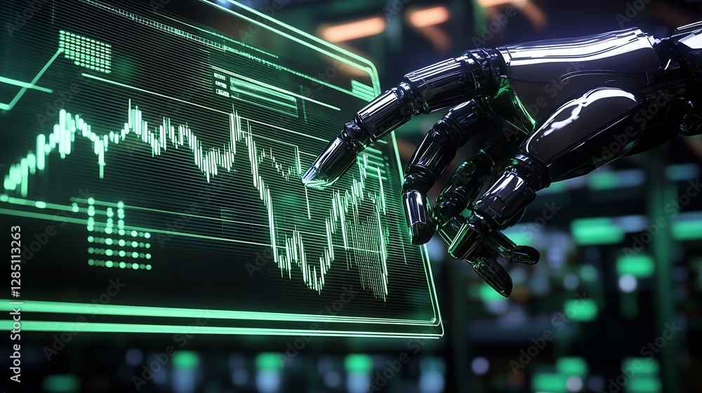Poster Futuristic scene with a robotic hand interacting with digital financial graphs and data : Generative AI