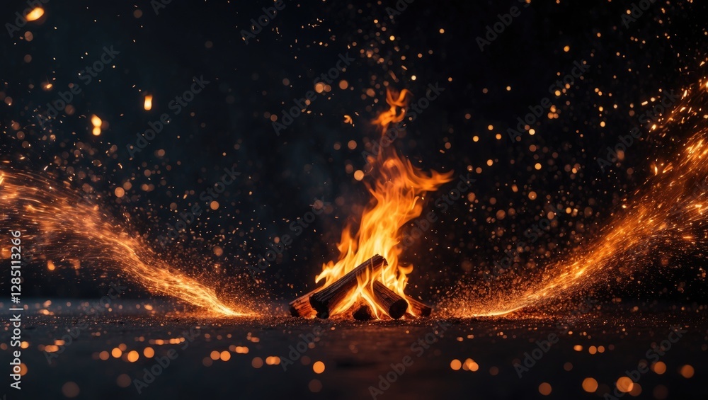 Poster flickering flames and glowing embers against a dark backdrop. sparkling fire particles in an abstrac
