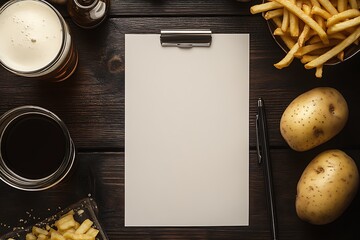 Flat lay of fresh potatoes, crispy fries, and drinks with space for notes highlighting delicious food experience : Generative AI