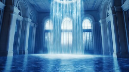 Majestic Waterfall in an Elegant Indoor Space with Grand Architecture