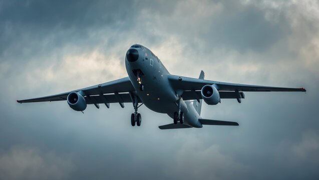 Airbus A400 Atlas military cargo aircraft flying at a low altitude with landing gear deployed
