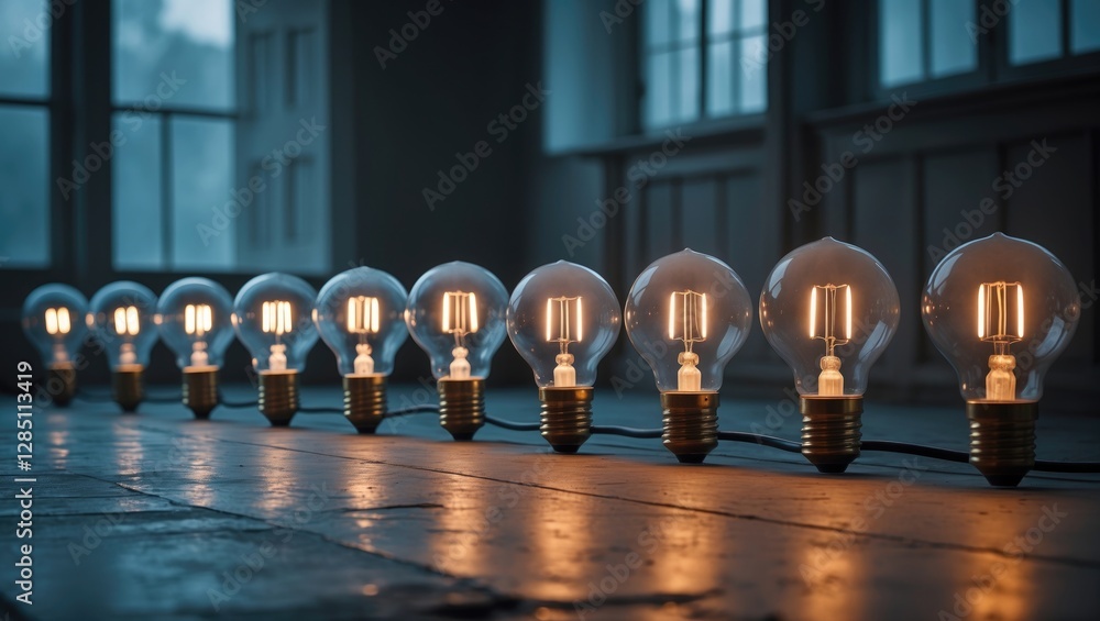 Poster line of light bulbs with one that stands out from the rest