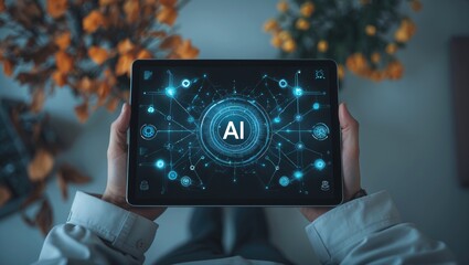 Contemporary digital tablet view from above featuring an artistic symbol for AI. Thematic representation of machine learning and neural networks.
