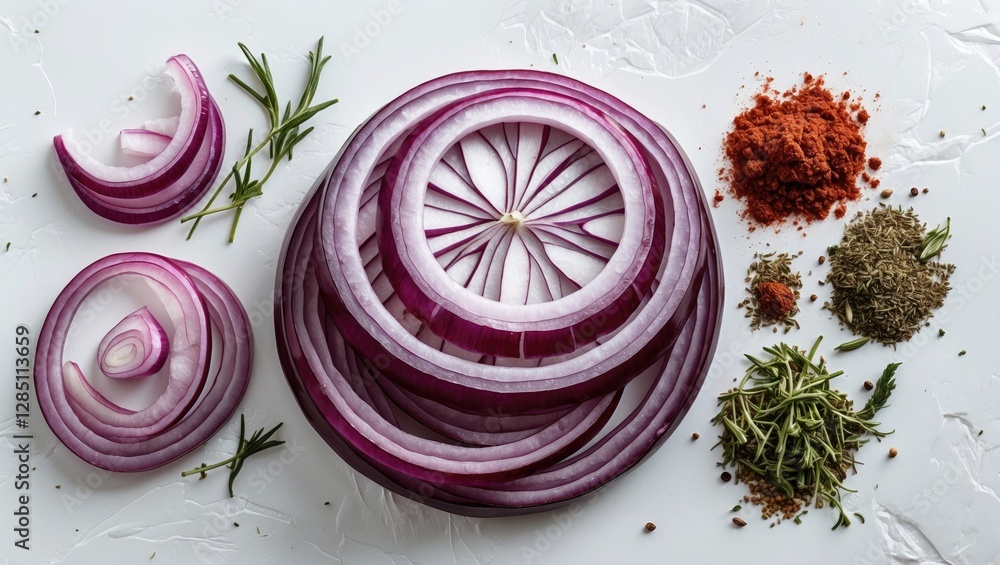 Poster cross-sectioned red onion rings arranged on a light backdrop alongside an assortment of herbs and sp