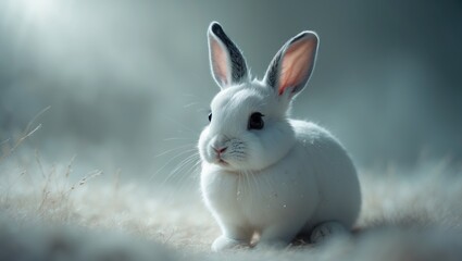adorable white bunny with black-tipped ears and dark eyes