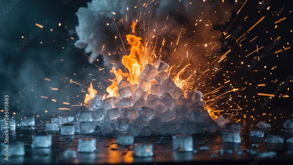Poster flames and ice cubes creating an explosive display