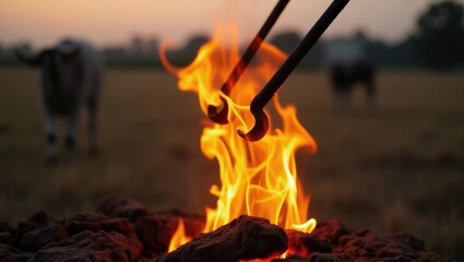 Two branding irons glowing red in a fire in a field, heated for livestock use.