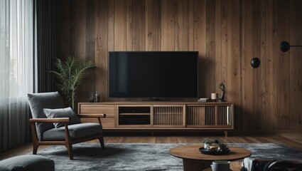 Contemporary living space featuring a wooden wall and a TV unit.