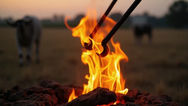 Two branding irons glowing red in a fire in a field, heated for livestock use.
