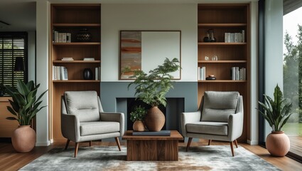 Contemporary living room interior design featuring a cozy relaxation area with two armchairs, a bookcase, and plants for a comfortable atmosphere.