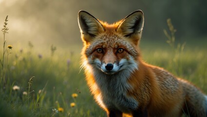 Obraz premium Intimate view of a Red fox in a grassy field.