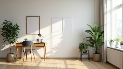Vibrant interior of a living room featuring a half-wall, artwork, a desk with books, thriving plants, and a window adorned with curtains.