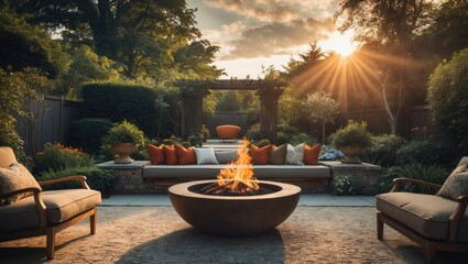 radiantly lit garden featuring stunning landscaping and a cozy fire pit