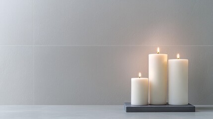 Three white candles on gray tray, serene, minimalist setting.  Possible use  Stock photo for design or relaxation concepts