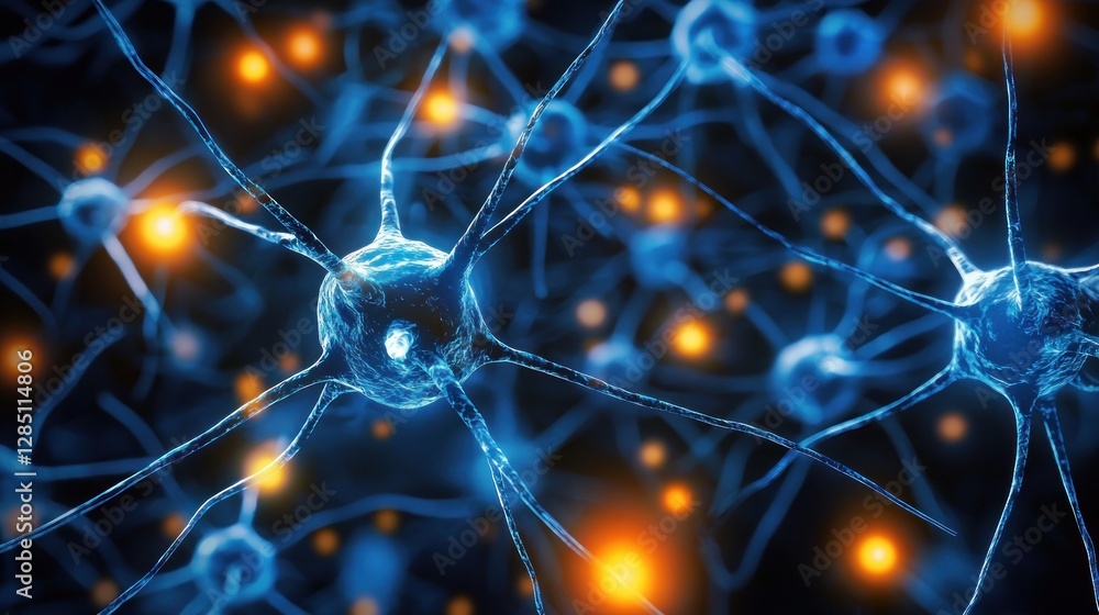 Aufkleber microscopic view of neuron network: intricate neural connections and synaptic activity