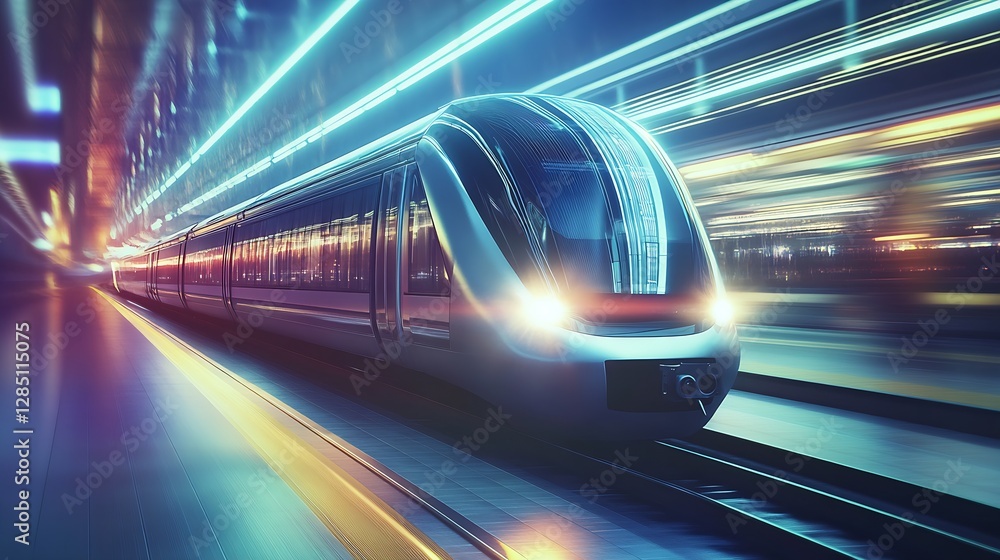 Poster modern sleek train in motion illuminated by vibrant lights enhancing futuristic travel experience : 