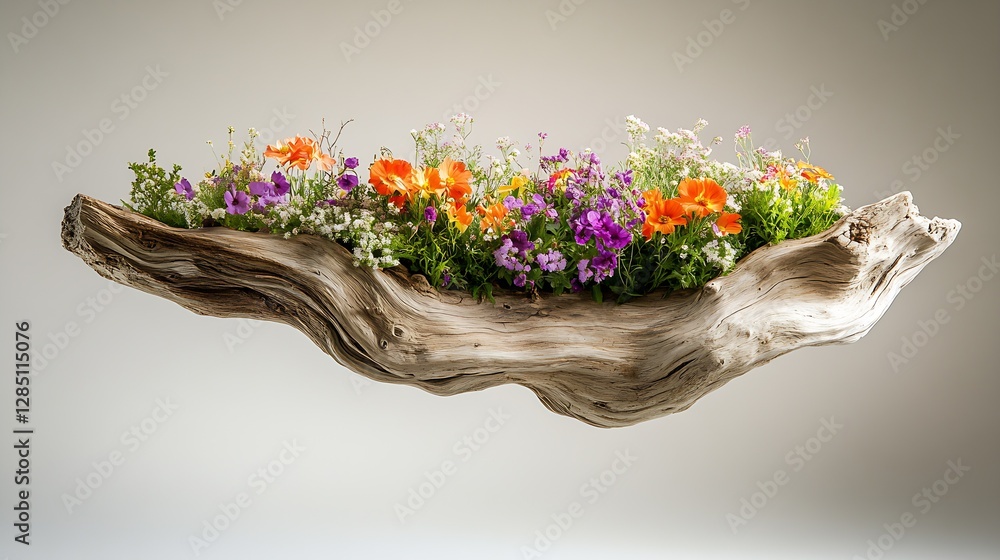 Poster unique floating wooden planter filled with vibrant colorful flowers creating a stunning decorative p
