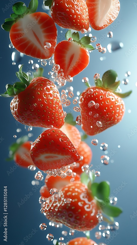 Poster Fresh and Juicy Strawberries Splashing in Water Creating a Refreshing and Vibrant Visual Display : Generative AI