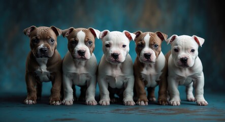 A close-up studio shot featuring a litter of small purebred American Pit Bull Terrier puppies.