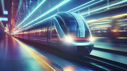 Modern sleek train in motion illuminated by vibrant lights enhancing futuristic travel experience : Generative AI